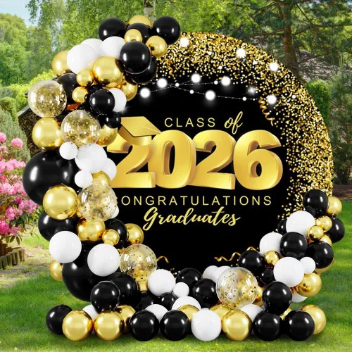 Miniatura 4 de Cubierta de fondo redonda de graduación para clase de 2025, telón de fondo redondo negro y dorado, decoración de fiesta de graduación, cubierta