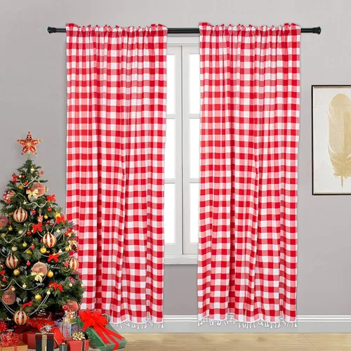 Miniatura 12 de ShinyBeauty Cortinas de cocina a cuadros negros de búfalo 2 paneles de cortinas opacas con borlas y bolsillo para barra, cortinas opacas de 63