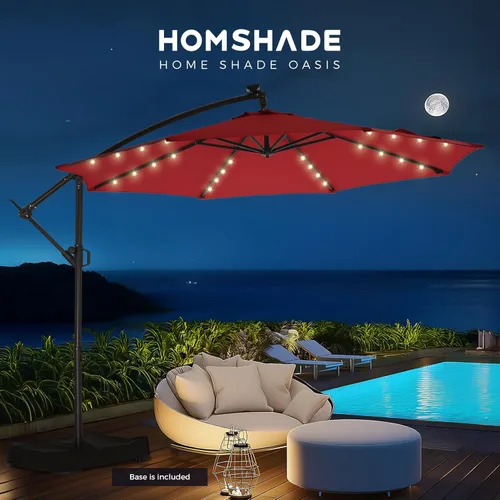 Miniatura 9 de HOMSHADE Paraguas de patio voladizo con luces solares de 10 pies, con luz y base, luz LED, para colgar en el patio, sombrilla de mercado al aire Rojo