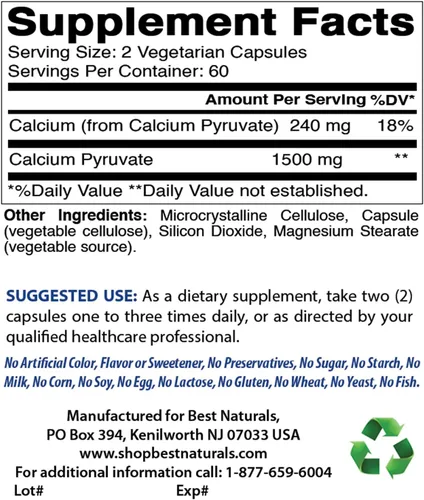Miniatura 2 de Piruvato de calcio 750 mg 120 cápsulas por Best Naturals (paquete de 2)