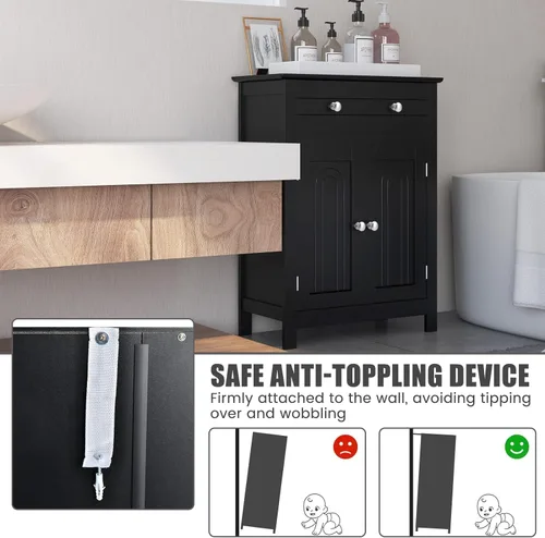 Miniatura 5 de GOFLAME Gabinete de almacenamiento de madera para baño, moderno armario organizador de baño con estante ajustable de 3 alturas, cajón y estante de 2