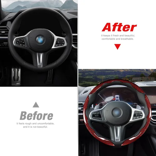 Miniatura 6 de Juego de fundas para volante de automóvil, funda de fibra de carbono brillante, antideslizante, 3 piezas, accesorios para volante de 14.5-15 Rojo
