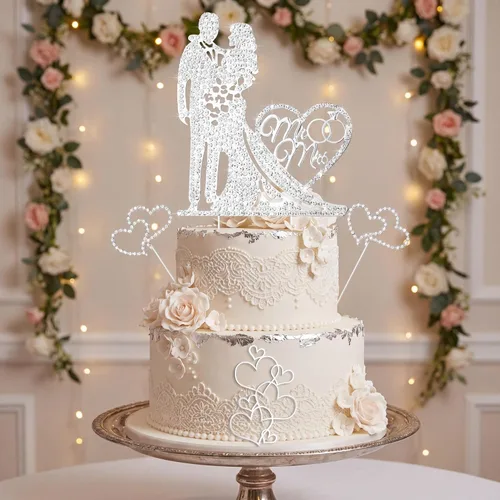 Miniatura 8 de Spiareal 4 piezas Decoración para tarta de boda de señor y señora con diamantes de imitación, novia y novio, corazón de amor, decoración de pastel