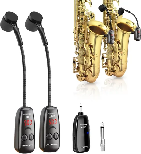 Miniatura 10 de Micrófono inalámbrico para saxofón, micrófonos UHF para saxofón, micrófono con clip de carga y pantalla digital, para trompeta, tuba, trombón