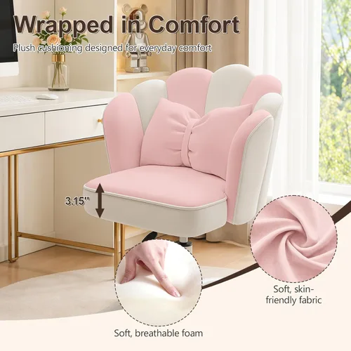 Miniatura 5 de Silla de tocador con ruedas Silla de escritorio de terciopelo con pétalos Silla de oficina en casa tapizada y copetada para mujeres y niñas, silla