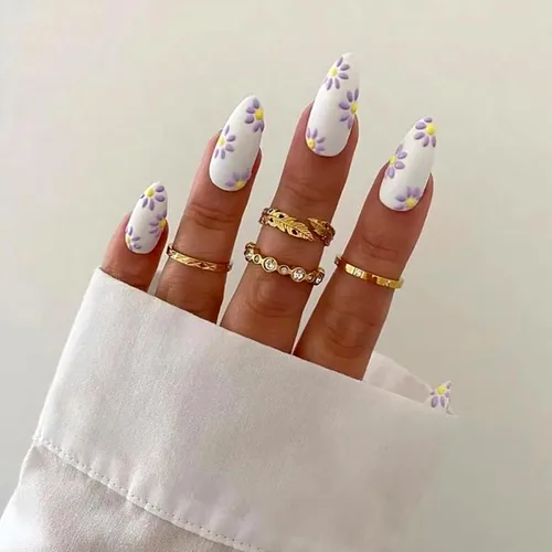 Miniatura 7 de Uñas postizas ovaladas a presión con puntas francesas, juego de uñas postizas cortas de flores artificiales, uñas postizas acrílicas con diseños