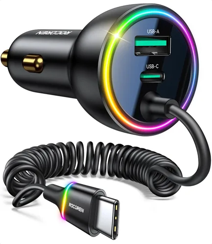 Rocoren Cargador de coche de 70 W para iPhone 17 Pro Max, cargador de coche USB C de carga rápida con cable en espiral tipo C de 5.2 pies, adaptador
