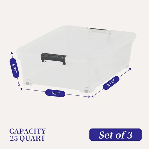 Miniatura 2 de Paquete de 3 contenedores de almacenamiento de plástico transparente debajo de la cama con tapas y ruedas, contenedores de almacenamiento de zapatos
