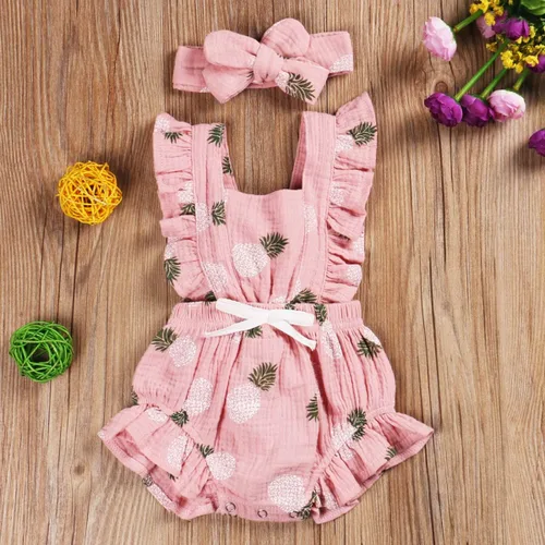Miniatura 2 de ClickMeForMoreProducts Mameluco con volantes para niña recién nacida con diadema, ropa de verano