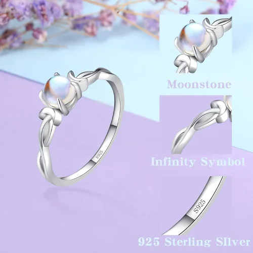Miniatura 5 de Anillo de piedra lunar genuina para mujer, plata esterlina 925, arco iris, doble luna, infinito, anillo de compromiso de piedra lunar redonda