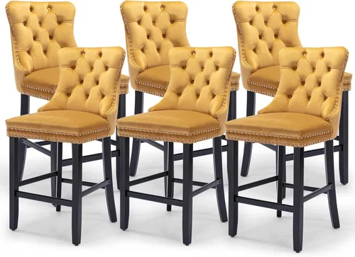 Miniatura 36 de SoarFlash Juego de 2 taburetes de bar tapizados de terciopelo moderno con patas de madera, botones acolchados, cabeza de clavo cromada, asiento