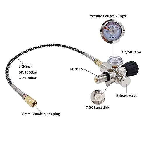 Miniatura 2 de TUXING 4500PSI/300Bar Pcp Tanque DIN Válvula Buceo Adaptador de doble calibre con manguera de 24 "tanque Paintball HPA, estación de llenado de aire