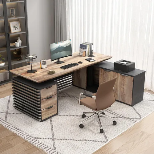 Miniatura 14 de SAINTCY Escritorio ejecutivo de pie en forma de L de 70.87 pulgadas con cajones, escritorio grande y moderno de altura ajustable para oficina