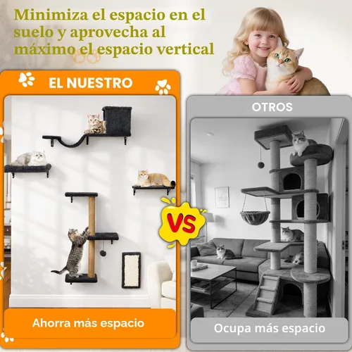 Miniatura 4 de Estantes de pared 5 en 1 para gatos de interior, muebles de gato montados en la pared con cama, cueva, poste rascador y perca, pared de escalada