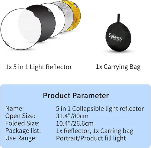 Miniatura 5 de Reflector con asa para fotografía, foto iluminación de estudio e iluminación para exteriores, 5 en 1. Selens.