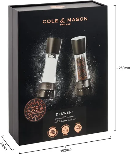 Miniatura 6 de Cole & Mason H332293 Derwent Black Wood Salt and Pepper Mills, Gourmet Precision+, Ajuste de Molienda, Haya Teñida/Acrílico, 190 mm, Juego
