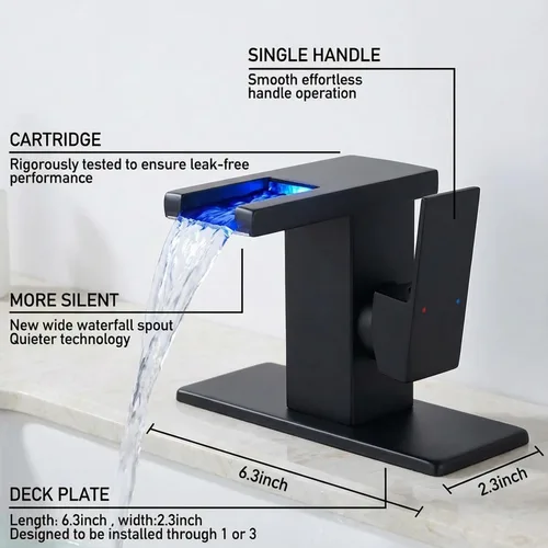 Miniatura 3 de AVSIILE llave LED para fregadero de baño, cascada negra mate, mango de un solo agujero para lavabos, 1 agujero con drenaje desplegable de metal y 2