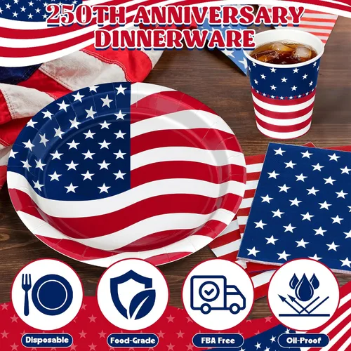 Miniatura 3 de 96 Pcs 4th of July Party Supplies Set, American Flag Patriotic Plates Napkins Cups, Disposable Red White Blue Star and Striped Dinnerware USA Flag