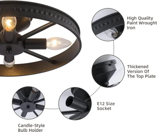 Miniatura 8 de Lámpara de techo redonda de 4 luces con montaje semiempotrado en negro, estilo rústico de metal granja para isla de cocina, comedor, pasillo