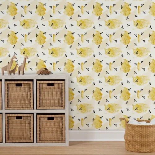Miniatura 7 de Spoonflower Papel tapiz autoadhesivo de 3 x 2 pies – Abeja verano jardín acuarela miel oro negro nido de abeja insectos colmena abeja abejas papel
