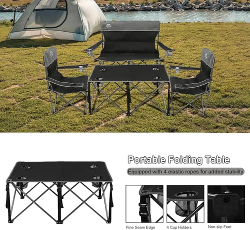 Miniatura 6 de Juego de 4 sillas de campamento de gran tamaño con mesa, silla de césped plegable para exteriores, soporte para tazas, portátil, silla de sofá Negro
