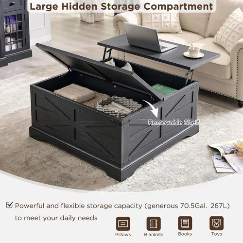 Miniatura 4 de JXQTLINGMU Farmhouse - Mesa auxiliar elevable con gran almacenamiento, mesa cuadrada de madera de 36 pulgadas con compartimento oculto, mesa