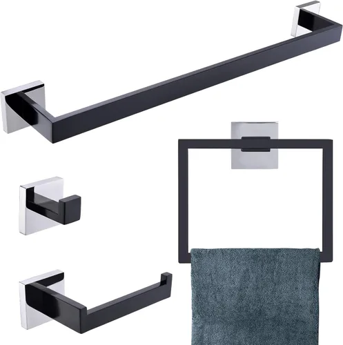 Conjuntos de Soportes para Toalleros de Baño Negro y Pulido, Juego de Ferretería de Baño de 4 Piezas de Acero Inoxidable, Kit de Accesorios de Baño.