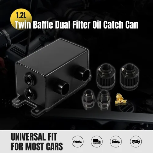 Miniatura 7 de Universal Aluminio 10AN 1.2L Twin Baffle Dual Filter Motor Oil Catch Can Tanque con 2 filtros de aire Depósito de captura de aceite Tanque de lata
