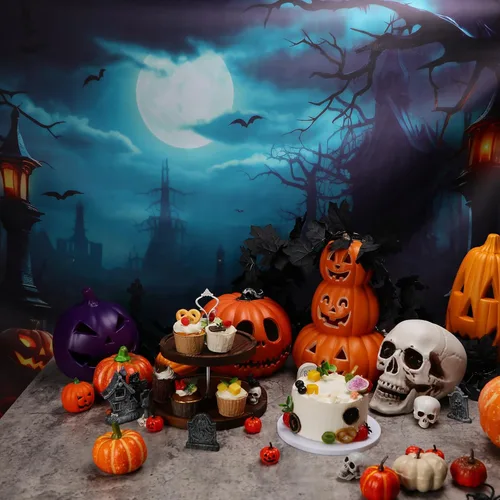 Miniatura 4 de Peryiter Telón de fondo de Halloween para fotografía de terror, luna, noche, calabaza, fondo de fotos, decoración de fiesta (7 x 5 pies)