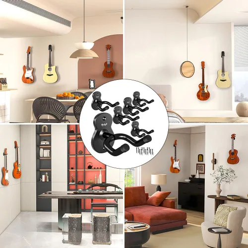 Miniatura 6 de Soporte de pared para guitarra, paquete de 6 perchas de guitarra para pared, soporte de guitarra de metal negro para bajos, guitarra eléctrica