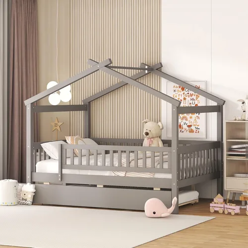 Miniatura 3 de Cama de casa con nido y valla, camas de tamaño matrimonial estilo Montessori con barandillas, marco de cama de madera para niños, cama de plataforma
