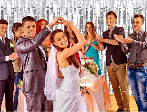Miniatura 4 de Paquete de 4 cortinas metálicas con flecos para decoración de cumpleaños, bodas, Navidad Plata