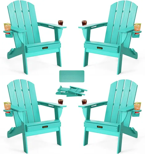 Miniatura 15 de Silla Adirondack Plegable, Sillas Adirondack de Plástico con Textura de Madera con 2 Portavasos, Silla para Hoguera de HDPE Resistente a