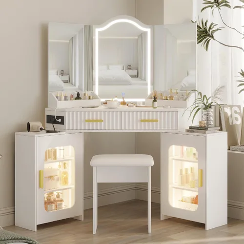 Miniatura 11 de Escritorio esquinero con espejo de 3 vías y luces LED, juego de mesa de maquillaje con estación de carga, cajones de almacenamiento y armarios