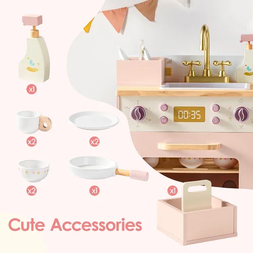 Miniatura 6 de ROBOTIME Fregadero Lavavajillas de Juguete de Madera – Juguete de Cocina Rosa de Fantasía con Grifo Dorado, Perillas Giratorias, Estante