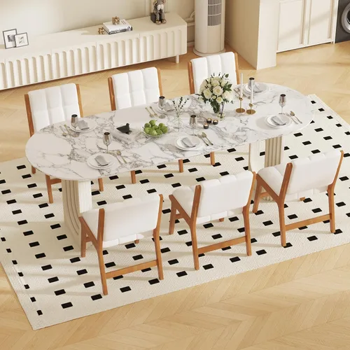 Miniatura 8 de Furniliving Juego de 2 sillas de comedor de madera de roble, silla de cocina tapizada de tela de lino moderna de mediados de siglo, sillas de Beige