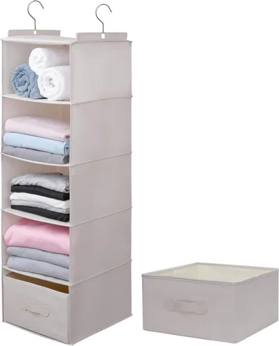 Miniatura 9 de Organizador colgante grande de suéter para armario, estantes colgantes plegables de 6 estantes con cajones, lavable (beige, 6 estantes)