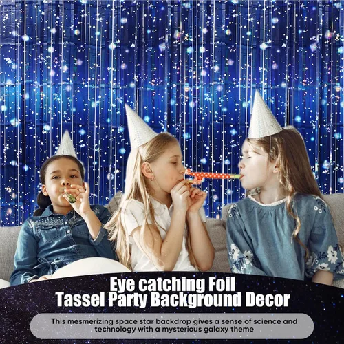 Miniatura 7 de Tingjoo Paquete de 2 cortinas de papel de aluminio de galaxia para decoraciones de fiestas temáticas espaciales, cortinas de oropel iridiscente azul