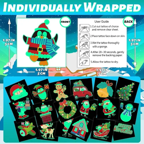 Miniatura 6 de winthrop 120 tatuajes temporales luminosos de Navidad para niños, que brillan en la oscuridad envueltos individualmente, tatuajes de seguridad