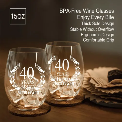 Miniatura 4 de Perfectinsoy Juego de 2 copas de vino de 40 años de feliz aniversario, regalo de boda para mamá, papá, esposa, alma gemela, pareja, divertido