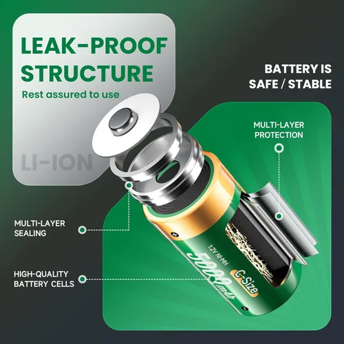 Miniatura 8 de Baterías C recargables con cargador, paquete de 6 baterías C de 1.2 V NiMH 5000 mAh, cargador de batería universal para C, D, 9 V, AA, AAA, función