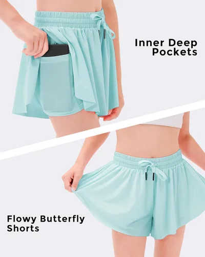 Miniatura 4 de Stelle Pantalones cortos fluidos con bolsillos para niñas, falda atlética para correr, cintura alta, mariposa, 2 en 1, pantalones cortos deportivos