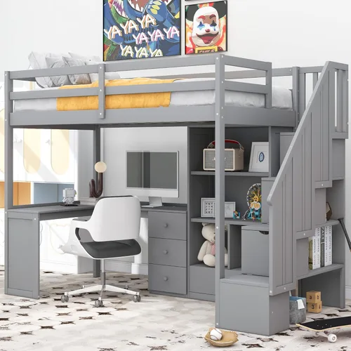 Miniatura 16 de Quarte Cama tipo loft única con cajones de almacenamiento y escaleras, cama alta de madera tamaño individual con estantes y barandillas, para niños