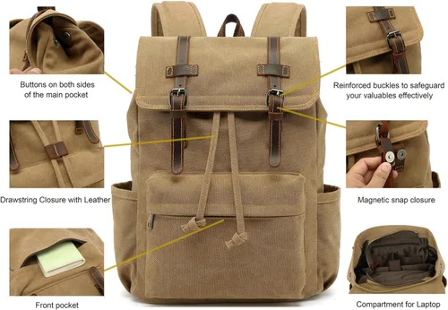Miniatura 3 de HuaChen Mochila de lona, mochila vintage para laptop de 14 pulgadas, mochila de viaje y senderismo con bolsillo antirrobo, ribete de cuero genuino