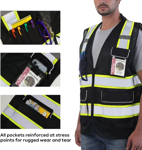 Miniatura 4 de Neopelta Chaleco de seguridad reflectante de malla negra, chaleco de alta visibilidad con bolsillos y cremallera, cuello acolchado, negro con ribete