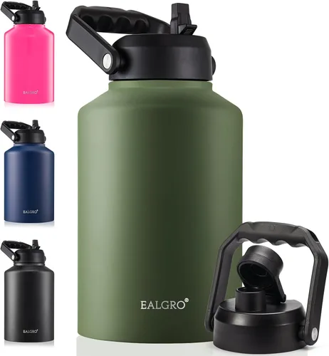 Miniatura 11 de EALGRO Botella de Agua Aislada de Medio Galón Jarra con Pajilla, 64 oz Frasco de Agua Deportivo de Metal de Acero Inoxidable Grande con Asa, Taza