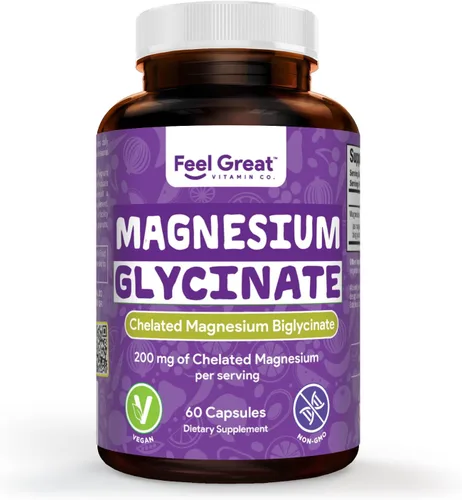 Feel Great Bisglicinato de Magnesio – Magnesio de alta absorción, tamponado y quelado para apoyo muscular, óseo y articular – 60 cápsulas veganas