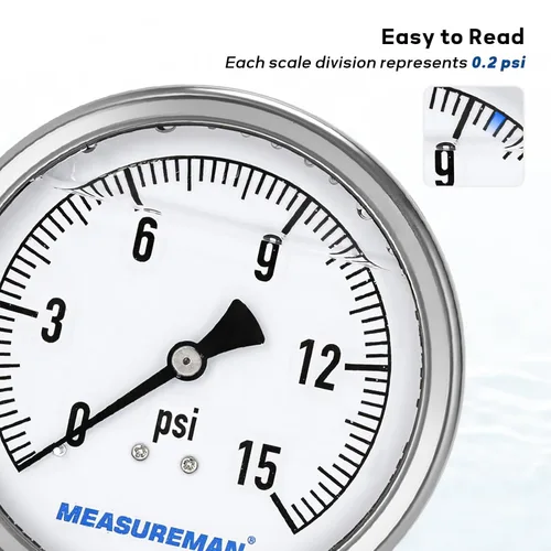 Miniatura 4 de MEASUREMAN Manómetro de plomería relleno de glicerina 0-15psi caja de acero inoxidable, esfera de 4 pulgadas, montaje inferior de latón NPT de 1/4