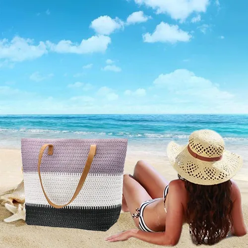 Miniatura 97 de Bolso grande de paja para mujer, tejido de ratán, bolso de playa de verano, a rayas