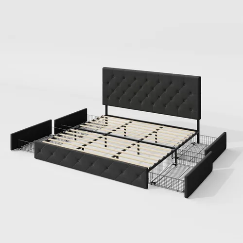 Miniatura 9 de Allewie - Base de cama con plataforma tamaño King, tapizada, con 4 cajones de almacenamiento y cabecera, botones cosidos en forma de diamante, base